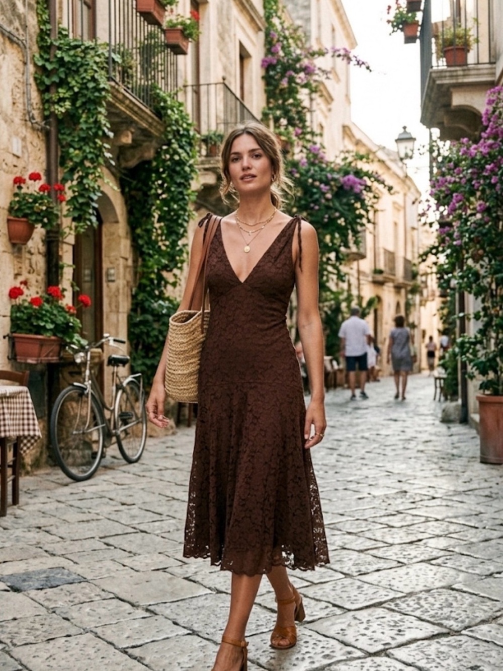 Vintage Y2K Brown Lace Midi Dress with Tie-Strap Shoulders